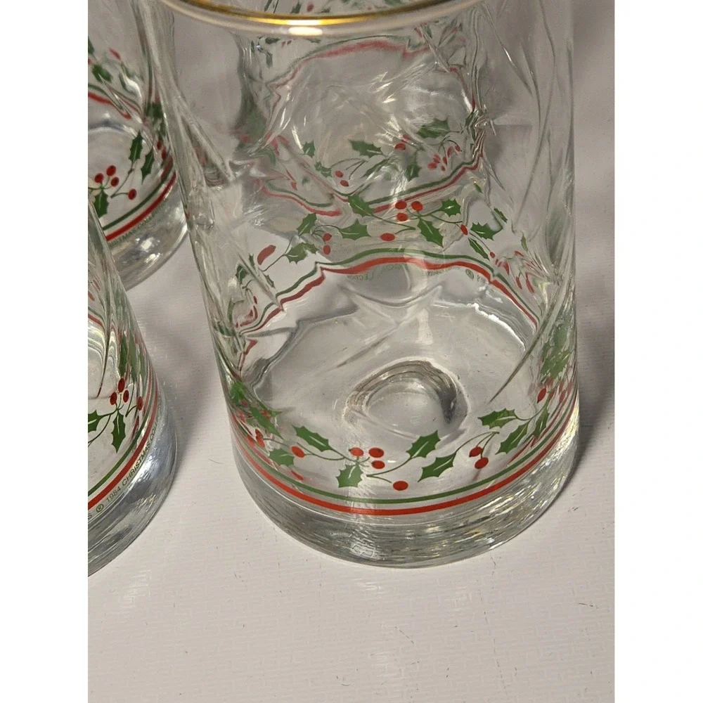 Vtg Glass HOLLY BERRY Christmas Drinking Glasses Tumblers Set of 4
